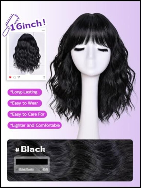 Short Wavy Wig with Bangs Natural Look Synthetic Hair Full Head Cap 14inch main image 5